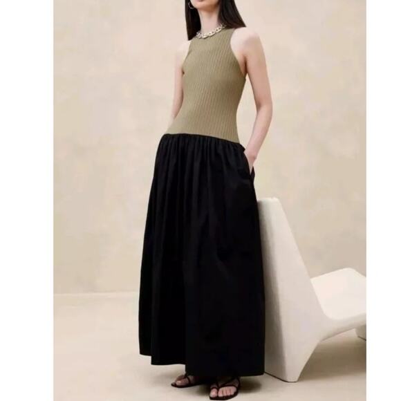 NEW Banana Republic Ribbed Racerback Tank Drop Waist Maxi Dress Olive Black Sz M - Picture 14 of 14